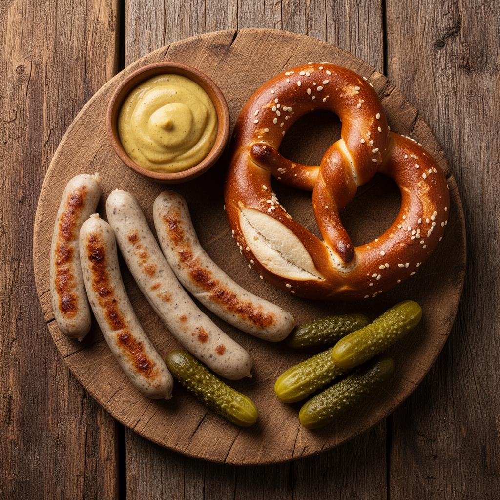 Deftige Snacks: Bratwurst, Brezel, Senf und Gewürzgurken